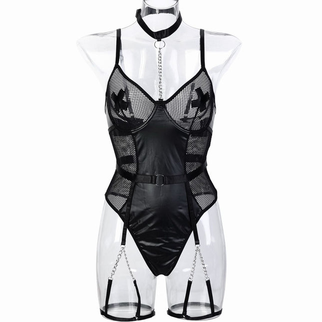 Motorcycle Faux Leather Paint Leather Stitching Mesh Hollow Out Cutout Perspective Cross Stickers Heavy Metal Chain Sexy Jumpsuit
