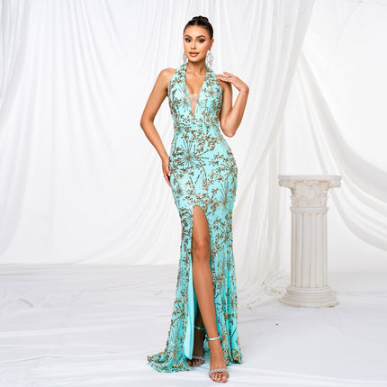 Women Clothing High End V neck Halter Slim Fit Sheath Sequined Cocktail Split Evening Dress