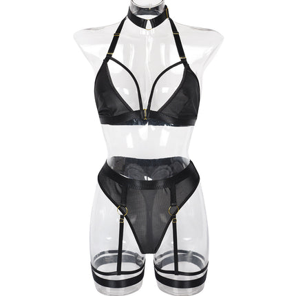 Sexy Three Piece Set Mesh Stitching Sexy Set Neck Neck Foot Ring