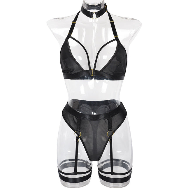 Sexy Three Piece Set Mesh Stitching Sexy Set Neck Neck Foot Ring
