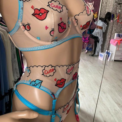 Sexy Cartoon Mesh Lip Enhancement Printed Garter Three Pieces Sexy Suit