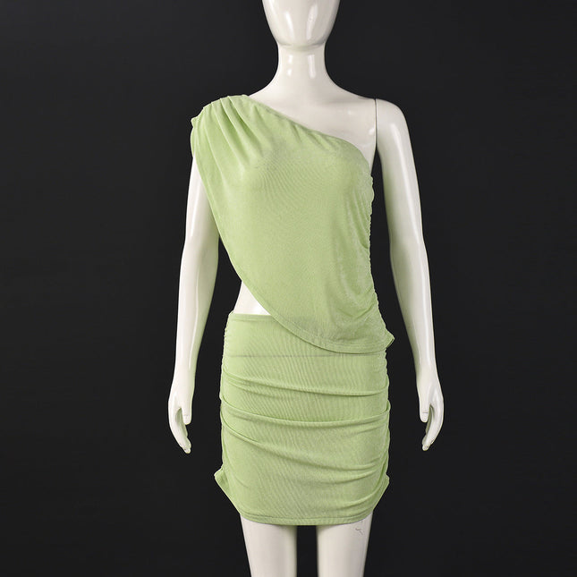 Women Clothing Hollow Out Cutout out Cropped One-Shoulder Diagonal Collar Top Pleated Stretch Short Skirt Two Piece Sets
