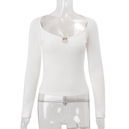 Women Clothing Autumn Elegant Street Sexy Beaded Slim Fit Long Sleeved Knitted Top for Women