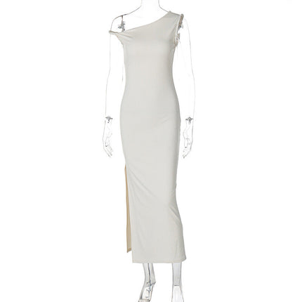 Women Clothing Summer Sexy Oblique Shoulder Slim Fit Slit Dress Women