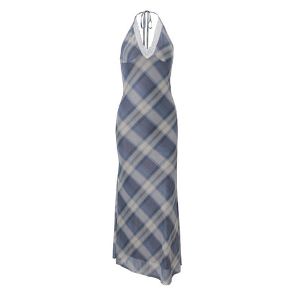 Women Clothing Summer Sexy V neck Lace Plaid Sweet Retro Slim Fit Dress Women