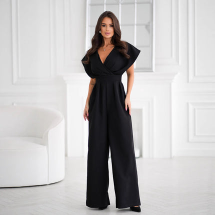 Women Summer Elegance Office V neck Tight Waist Solid Color One Piece Trousers