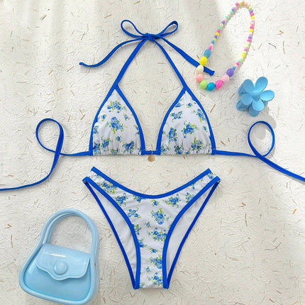 Floral Print Bikini Lace up Halterneck Bikini Women Shell Fresh Split Swimsuit