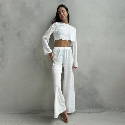 Autumn White Knitted Fabric round Neck Long Sleeved Trousers Pajamas Two Piece Loose Comfortable Ladies Homewear