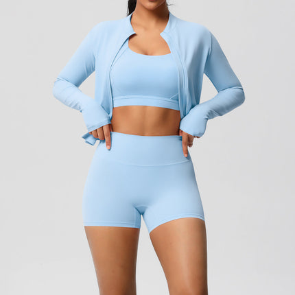 Solid Color Cloud Sense Yoga Bra Sports Coat Pilates Running Shorts Fitness Yoga Wear Three Piece Set for Women