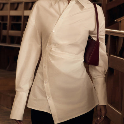 Cotton White Collared Long Sleeve Waist Women Shirt Cross Design Irregular Asymmetric Cardigan Top