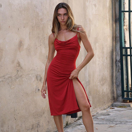 Sling Pockets Collar Sexy Split Vacation Elegant Dress Summer Women Clothing