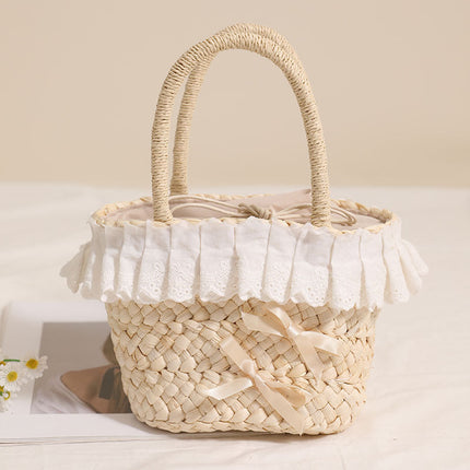 Cute Lace Portable Corn Husk Straw Bag Bow Woven Bag Vacation Beach Bag Hand Carrying Small Basket