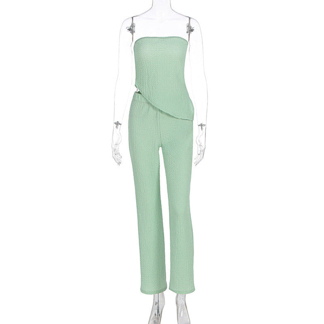 Summer Women Clothing Sexy off the Shoulder Tube Top Beveled Top Slim Trousers Two Piece Sets