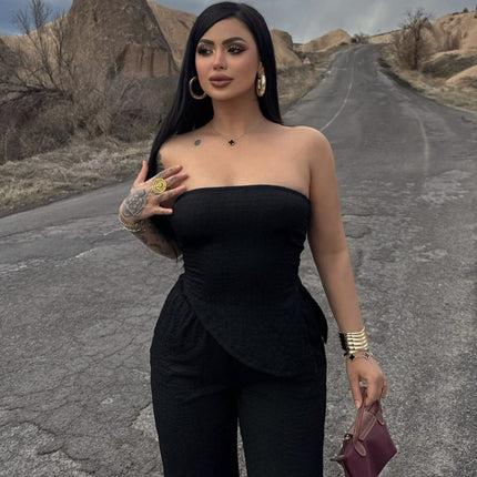 Summer Women Clothing Sexy off the Shoulder Tube Top Beveled Top Slim Trousers Two Piece Sets