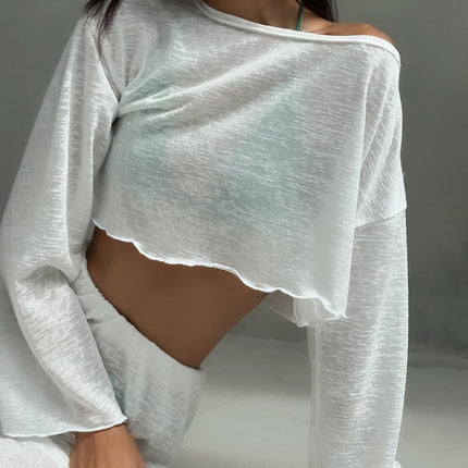 Autumn White Knitted Fabric round Neck Long Sleeved Trousers Pajamas Two Piece Loose Comfortable Ladies Homewear