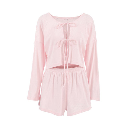 Loose Lace up Knitted Jacquard Home Wear Autumn Long Sleeve Shorts Comfort Casual Pajamas for Women