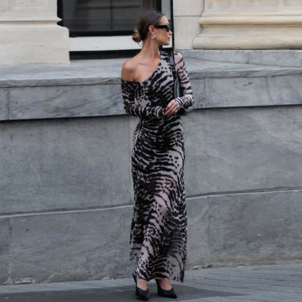 Women Clothing Autumn Retro Sexy off Shoulder Zebra Stripe Slim Fit Long Sleeve Dress Women