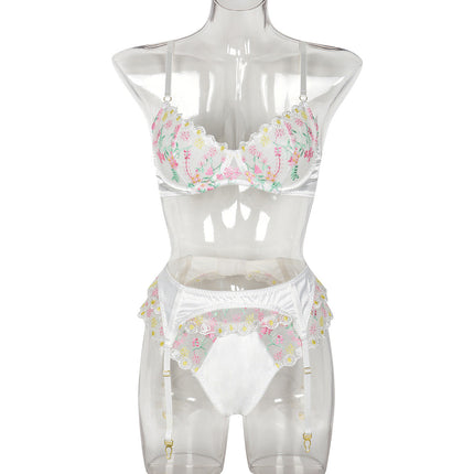 Women Clothing Sexy Lingerie Exquisite Embroidered Floral Stitching Satin Fresh Sweet Three Piece Set