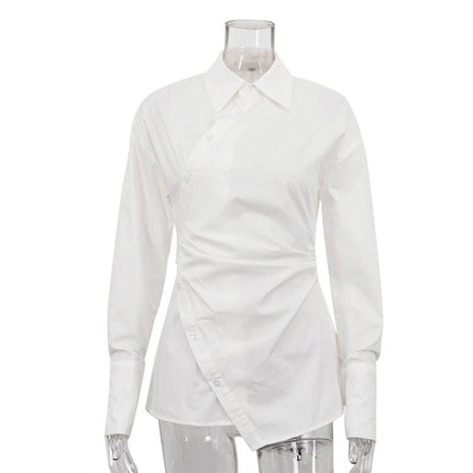 Cotton White Collared Long Sleeve Waist Women Shirt Cross Design Irregular Asymmetric Cardigan Top
