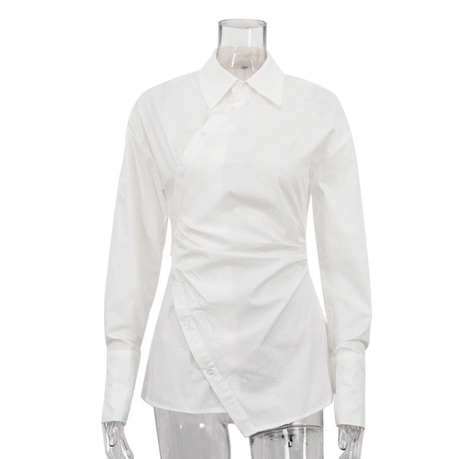 Cotton White Collared Long Sleeve Waist Women Shirt Cross Design Irregular Asymmetric Cardigan Top