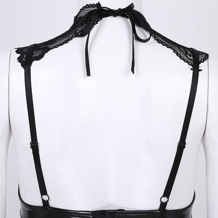 Sexy Leather Backless Lace Buckle Bobo Jumpsuit Sexy Suit