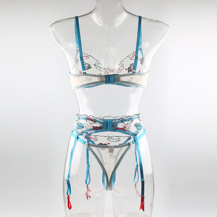 Sexy Cartoon Mesh Lip Enhancement Printed Garter Three Pieces Sexy Suit