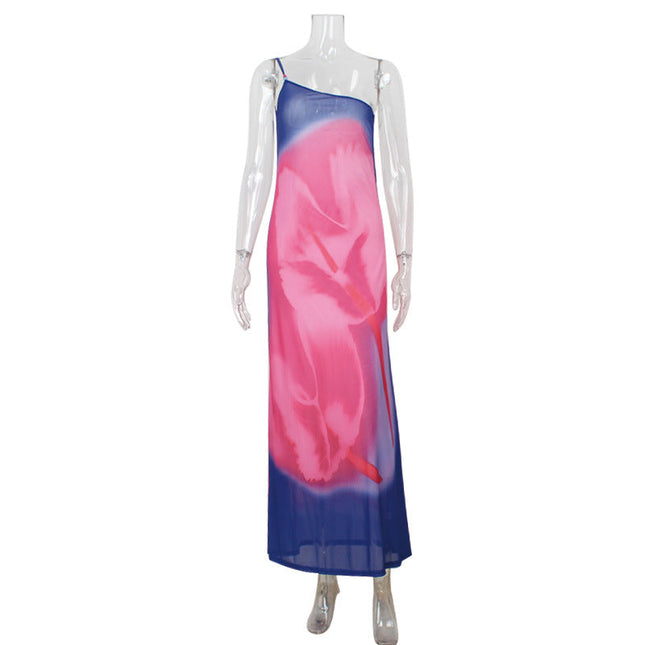 Women Clothing Elegant Diagonal Collar Sling Bare Back Printed Dress Slim Fit Slit Dress