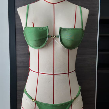 Solid Color Hard Cup Banded Bikini Women with Diamond Sexy Split Swimsuit
