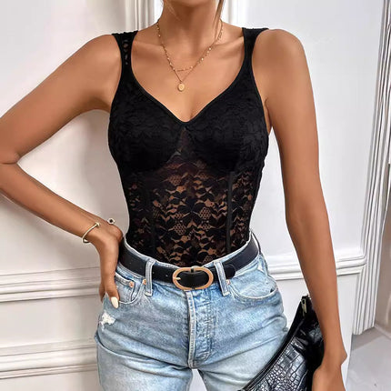 Summer Women Lace Sleeveless Solid Color Jumpsuit
