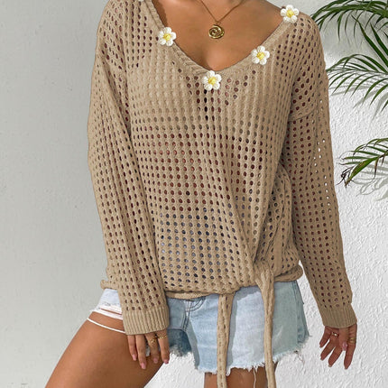 Women V neck Pullover Top Cutout Blouse Lace up Bow Outerwear Shirt Crochet Stitching Loose Sweater Women
