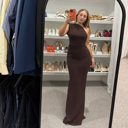 Women Clothing Summer Sexy Slant Shoulder High Waist Slim Fit Slimming Solid Color Sheath Dress