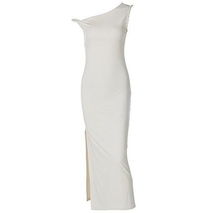 Women Clothing Summer Sexy Oblique Shoulder Slim Fit Slit Dress Women