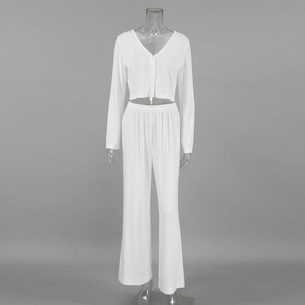 Autumn Winter White Knitted Fabric Jacquard Home Wear Long Sleeves Cropped Trousers Two Piece Soft Pajamas