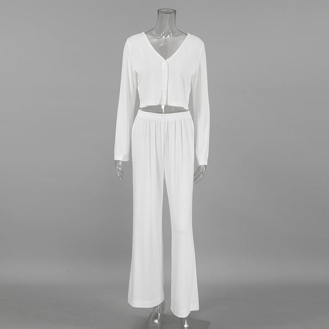 Autumn Winter White Knitted Fabric Jacquard Home Wear Long Sleeves Cropped Trousers Two Piece Soft Pajamas
