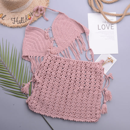 Retro Hand Crocheting Split Swimsuit Halter Strap Tassel Cutout A line Skirt Beach Skirt Women Set