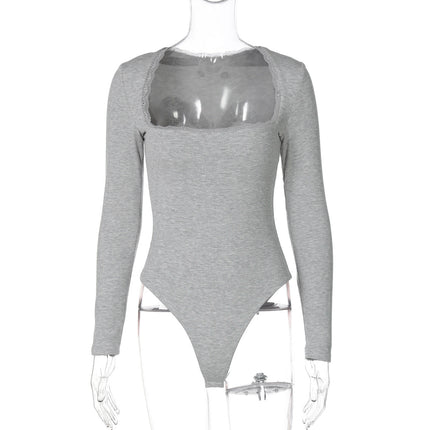 Women Clothing Winter Sexy Square Neck Lace Slim Fit Base Long Sleeve Jumpsuit