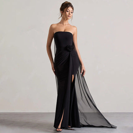 Women Clothing Summer Elegant Solid Color Tube Top Hip Wrapped Trailing Dress Women