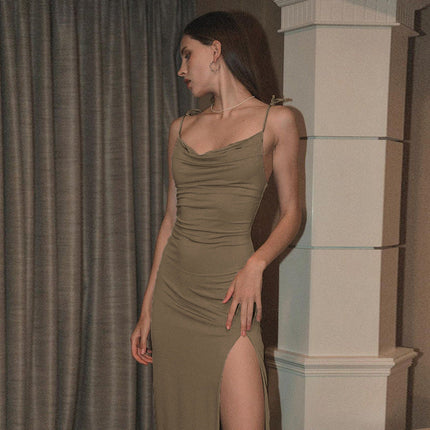 Sling Pockets Collar Sexy Split Vacation Elegant Dress Summer Women Clothing