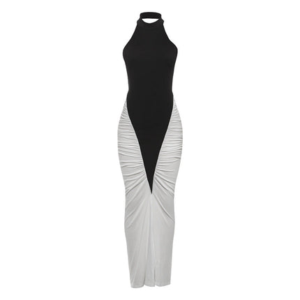 Summer Women Clothing Sexy Halter Backless Pleated Contrast Color Slim Fit Sheath Dress