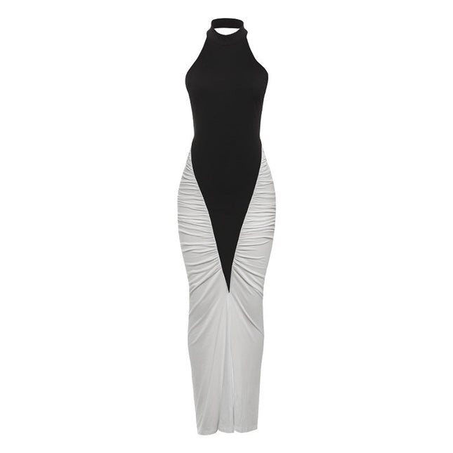 Summer Women Clothing Sexy Halter Backless Pleated Contrast Color Slim Fit Sheath Dress