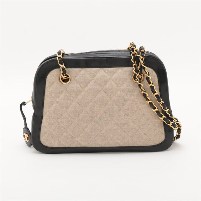 Chanel Matelasse Canvas & Leather Chain Shoulder Bag Black x Beige Gold Metal Fittings 1 Series  #2509