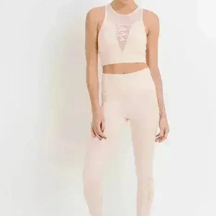 Highwaist Hybrid Mesh & Lattice Straps Full Pocket Leggings