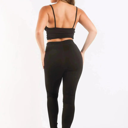 Mesh Contrast Sets Casual Sports Strappy Sleeve Top & Leggings BLACK