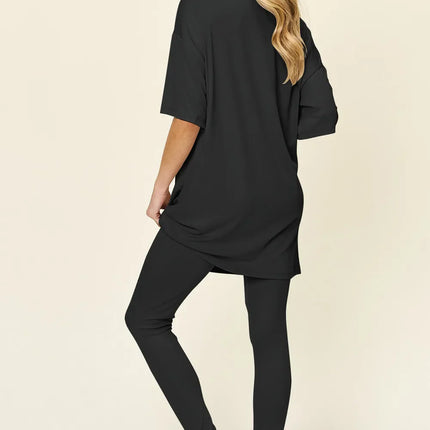 Double Take Full Size Round Neck Dropped Shoulder T-Shirt and Leggings Set
