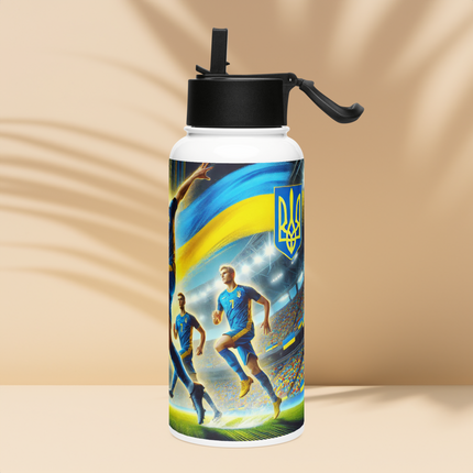 Steel Water Bottle with Ukrainian Soccer Emblem