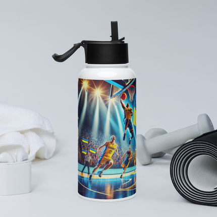 Steel Water Bottle with Ukrainian Basketball Emblem