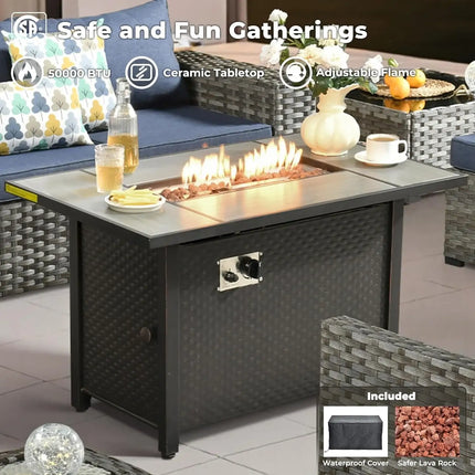 Modular Outdoor Wicker Sofa Set with Fire Pit Table