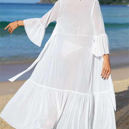 Beach Cover up Seaside Vacation Swimsuit Chiffon Bikini Elegant Sun Protection Long Sleeve Dress Women