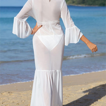 Beach Cover up Seaside Vacation Swimsuit Chiffon Bikini Elegant Sun Protection Long Sleeve Dress Women
