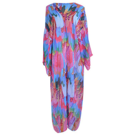 Beach Cover up Chiffon Colorful Feather Print Sun Protection Shirt Sexy Cardigan Loose Beach Cover Up